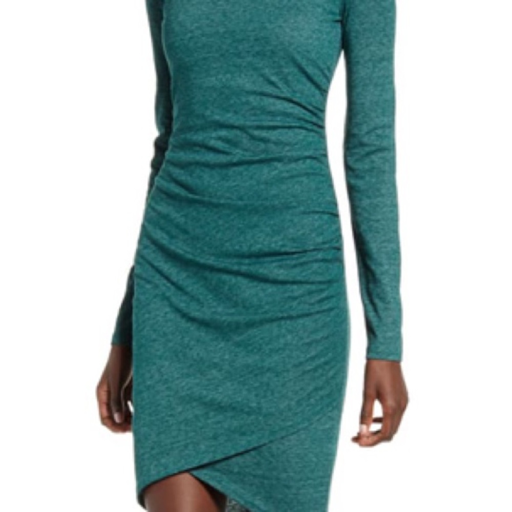 Leith Teal Blue Green Ruched Long Sleeve Dress NWOT